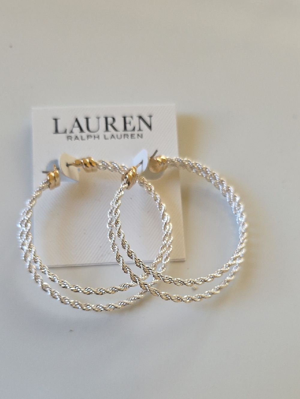 Lauren Ralph Lauren Twisted Double Hoop Earrings in Silver Tone.